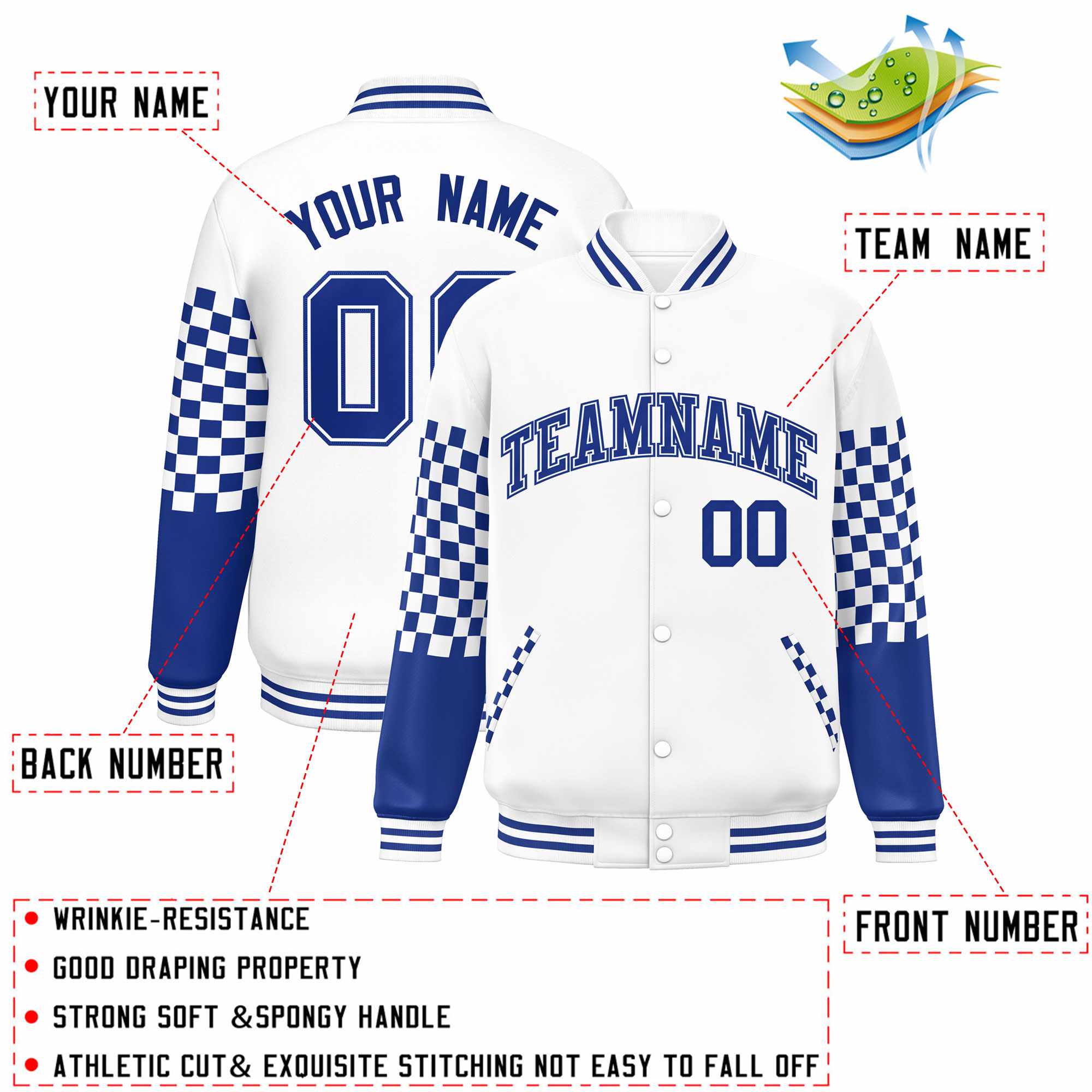 Custom White Royal Checkered Pattern Color Block Bomber Varsity Jacket