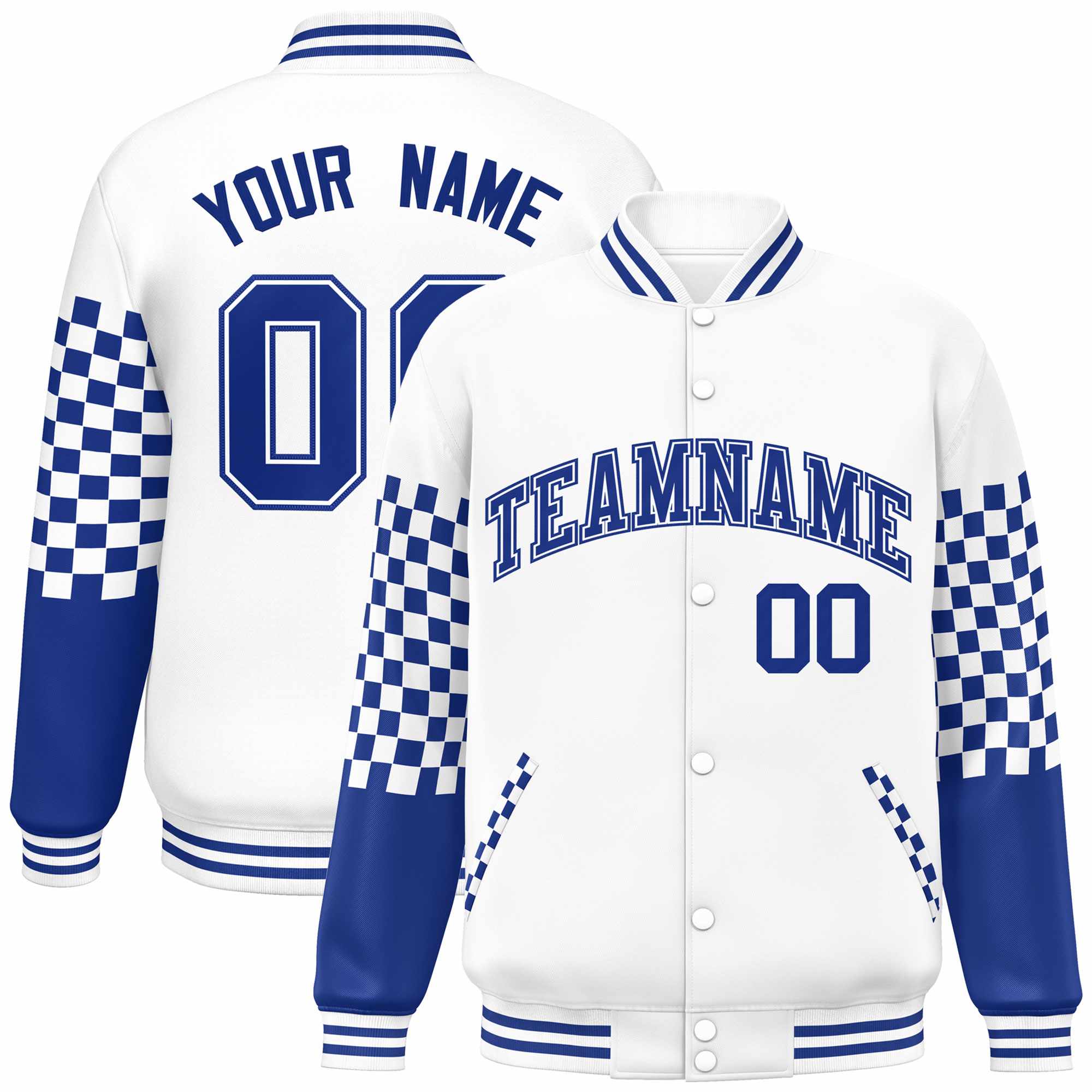 Custom White Royal Checkered Pattern Color Block Bomber Varsity Jacket