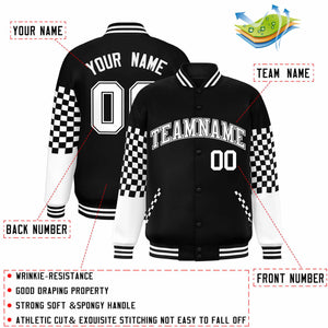 Custom Black White Checkered Pattern Color Block Bomber Varsity Jacket