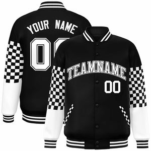 Custom Black White Checkered Pattern Color Block Bomber Varsity Jacket