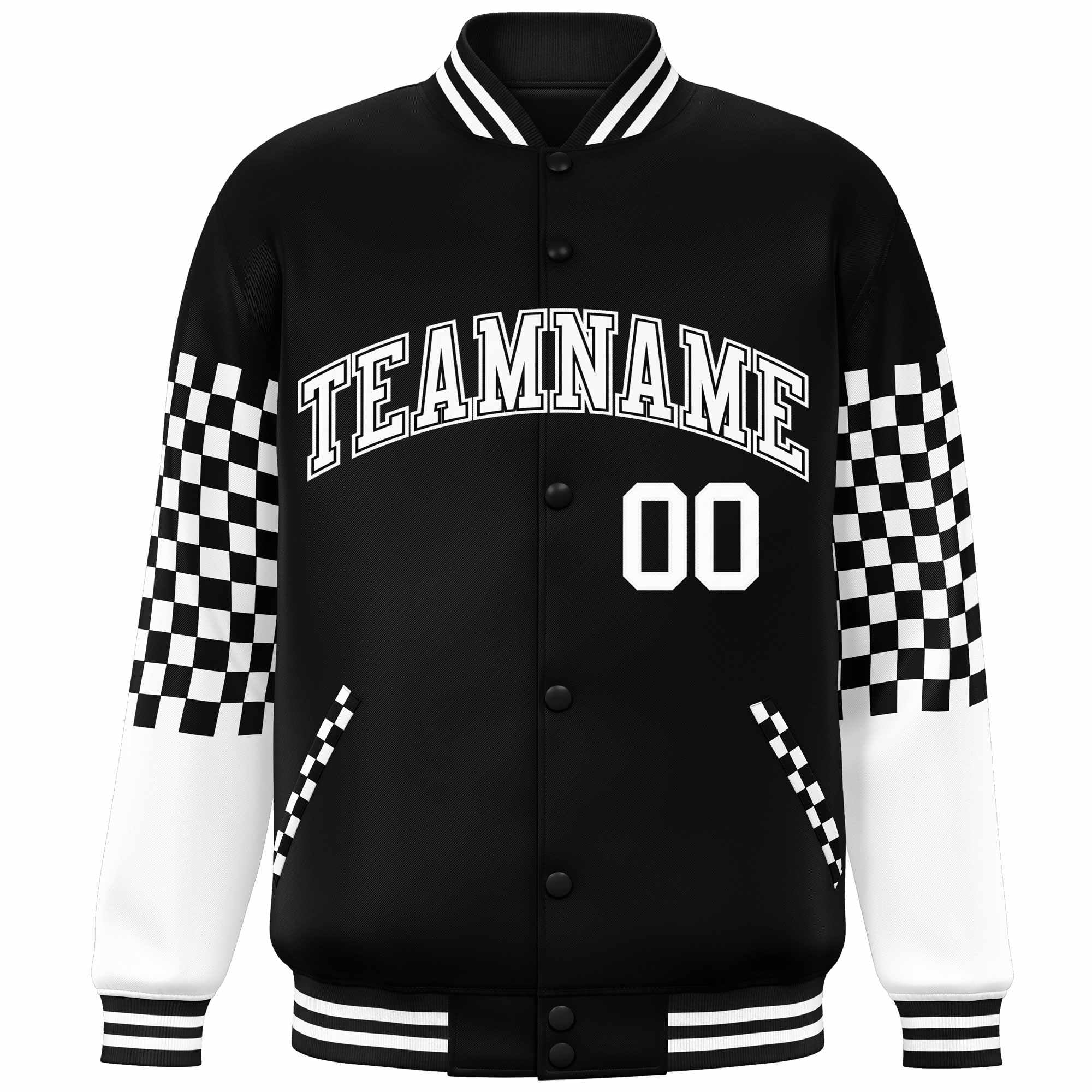 Custom Black White Checkered Pattern Color Block Bomber Varsity Jacket