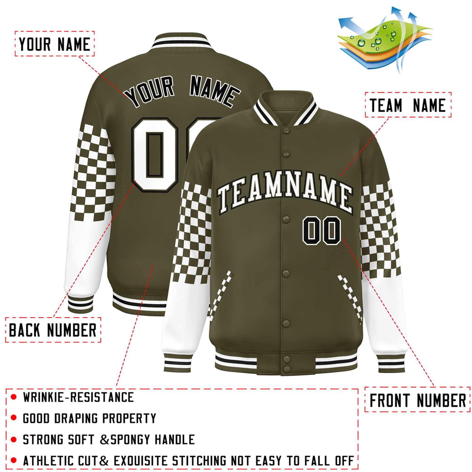 Custom Olive White-Black Checkered Pattern Color Block Bomber Varsity Jacket