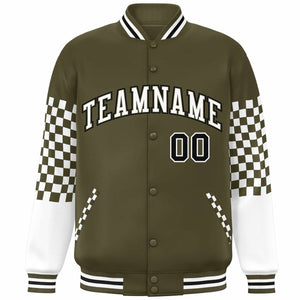 Custom Olive White-Black Checkered Pattern Color Block Bomber Varsity Jacket