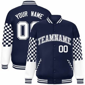 Custom Navy White Checkered Pattern Color Block Bomber Varsity Jacket