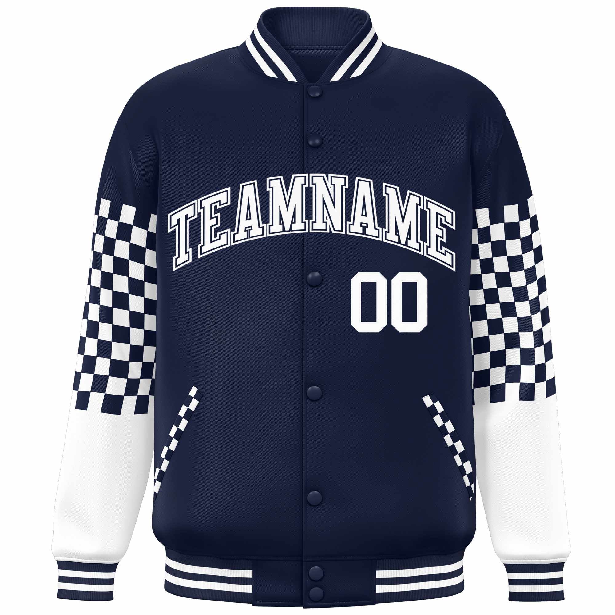 Custom Navy White Checkered Pattern Color Block Bomber Varsity Jacket