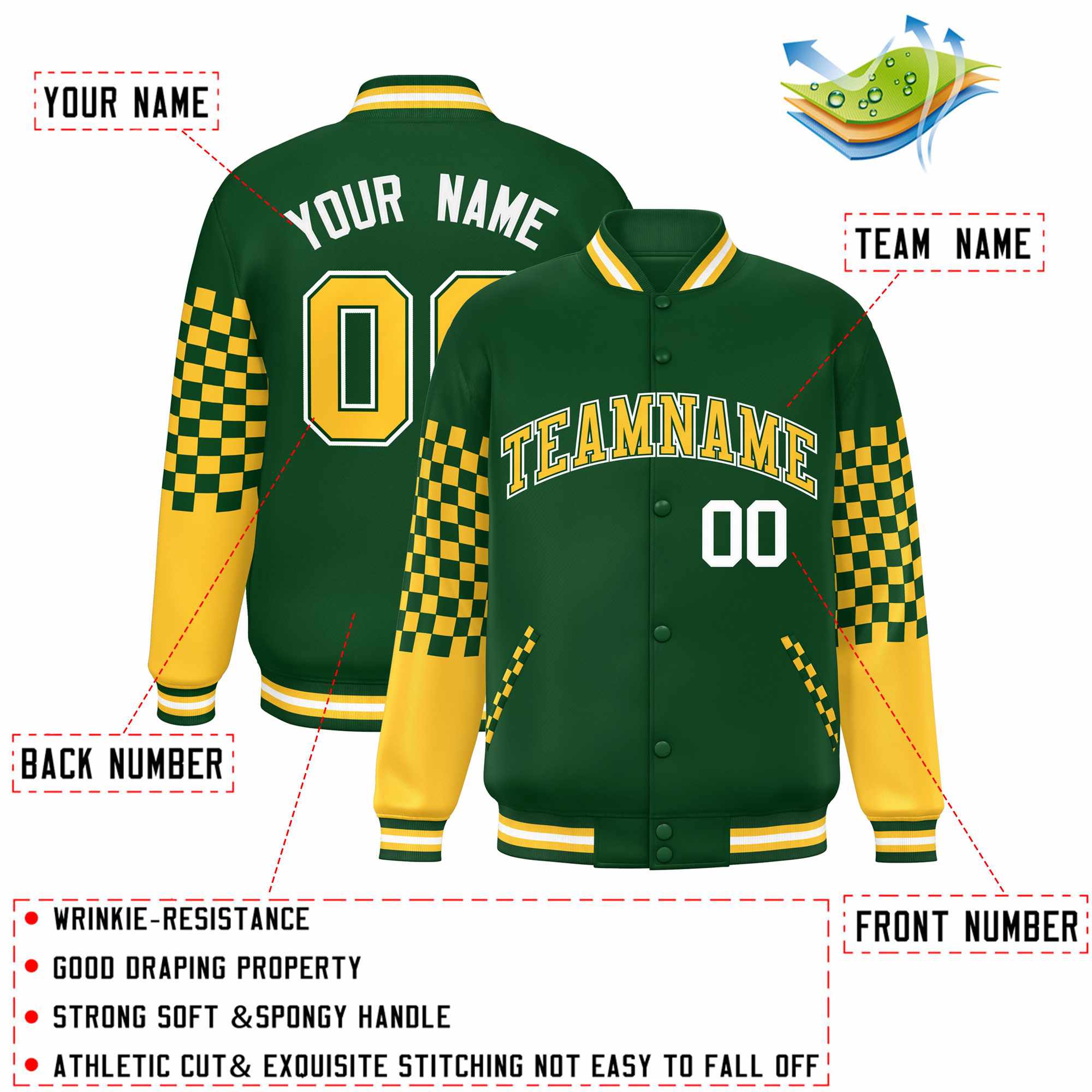 Custom Green Gold-White Checkered Pattern Color Block Bomber Varsity Jacket