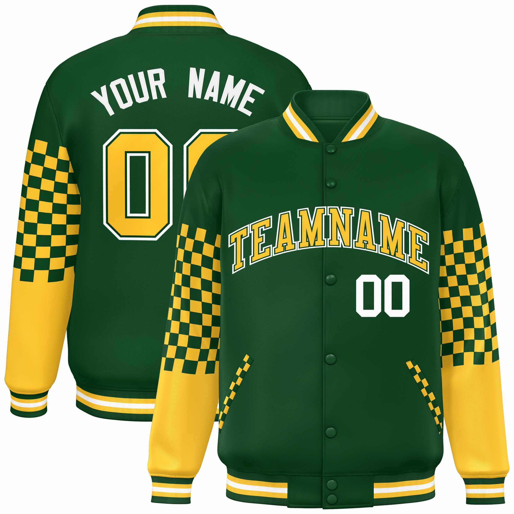 Custom Green Gold-White Checkered Pattern Color Block Bomber Varsity Jacket