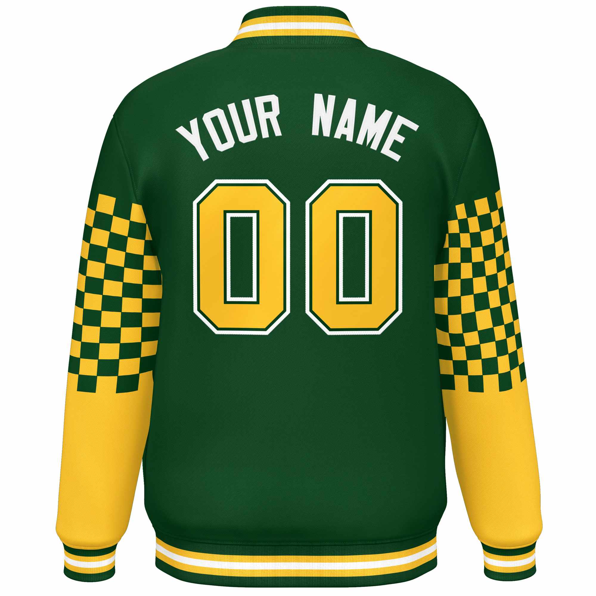 Custom Green Gold-White Checkered Pattern Color Block Bomber Varsity Jacket