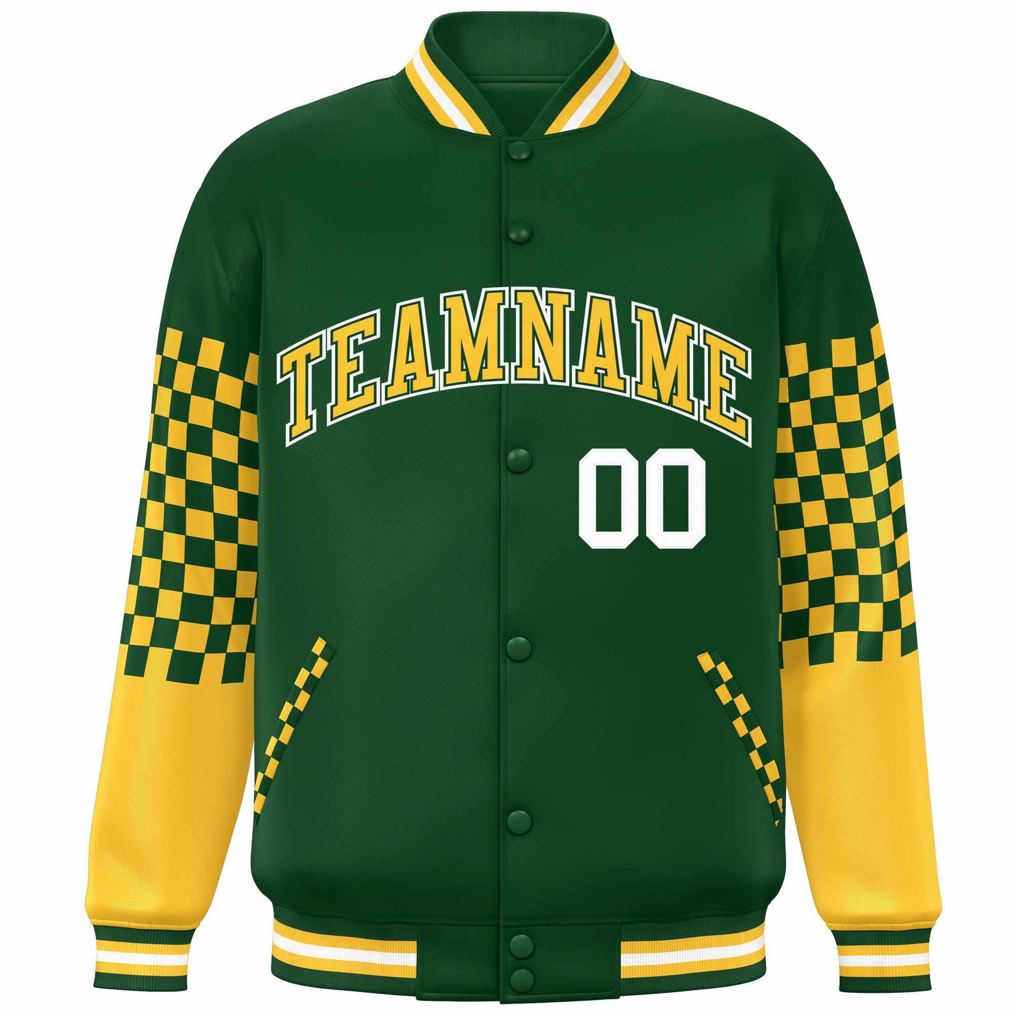 Custom Green Gold-White Checkered Pattern Color Block Bomber Varsity Jacket