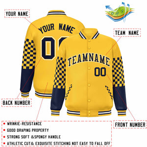 Custom Gold Navy-White Checkered Pattern Color Block Bomber Varsity Jacket