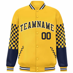 Custom Gold Navy-White Checkered Pattern Color Block Bomber Varsity Jacket