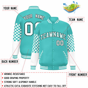 Custom Aqua White-Black Checkered Pattern Color Block Bomber Varsity Jacket