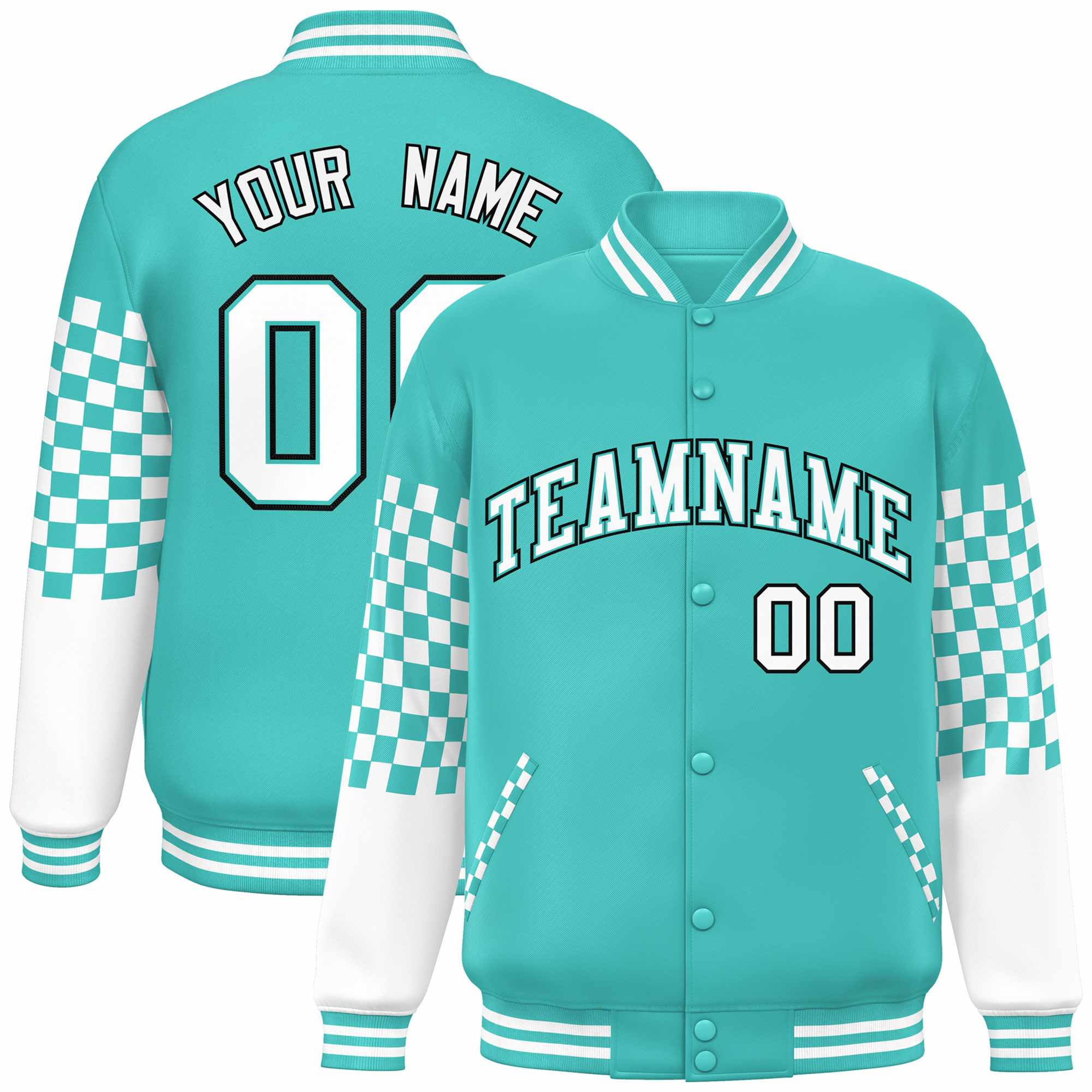 Custom Aqua White-Black Checkered Pattern Color Block Bomber Varsity Jacket