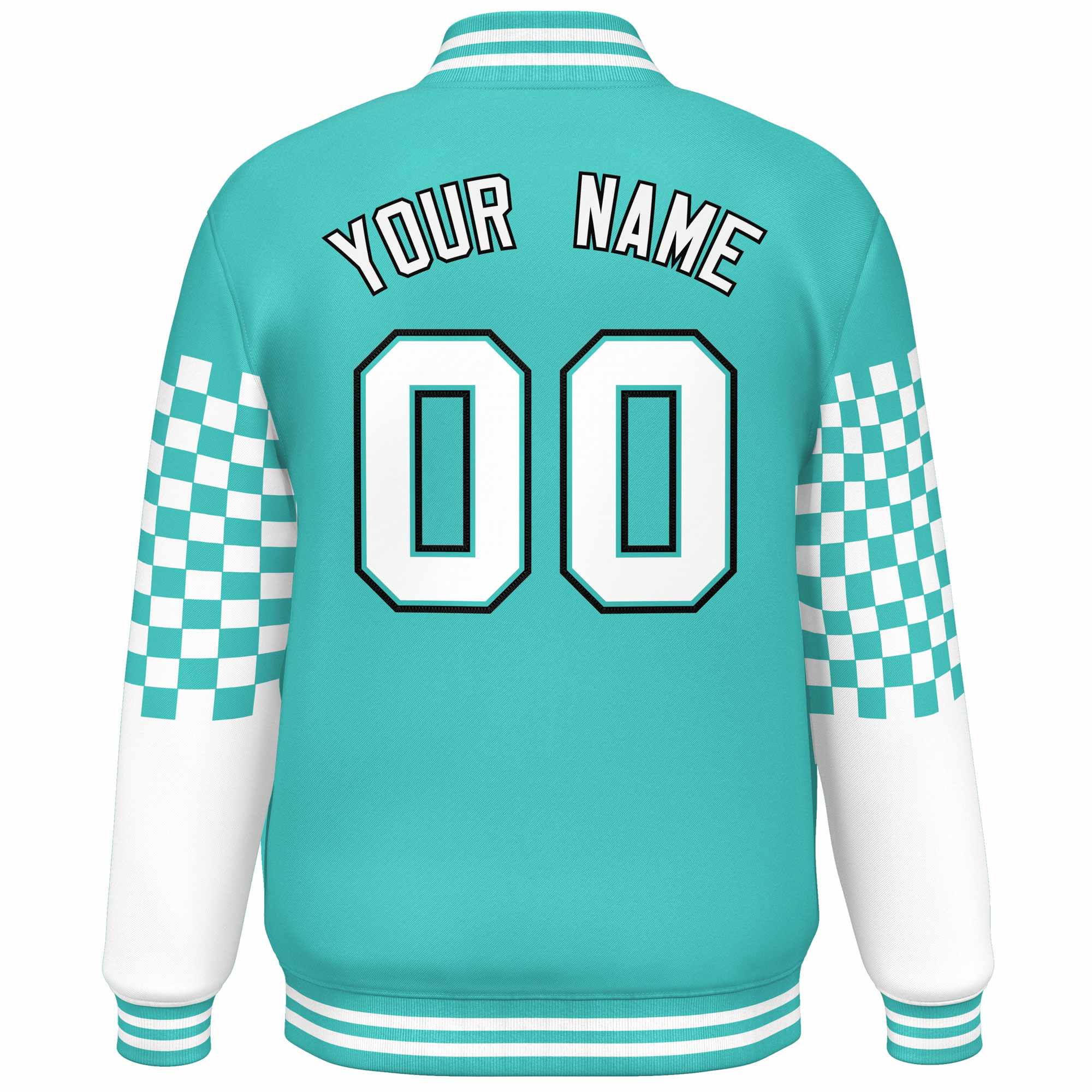 Custom Aqua White-Black Checkered Pattern Color Block Bomber Varsity Jacket