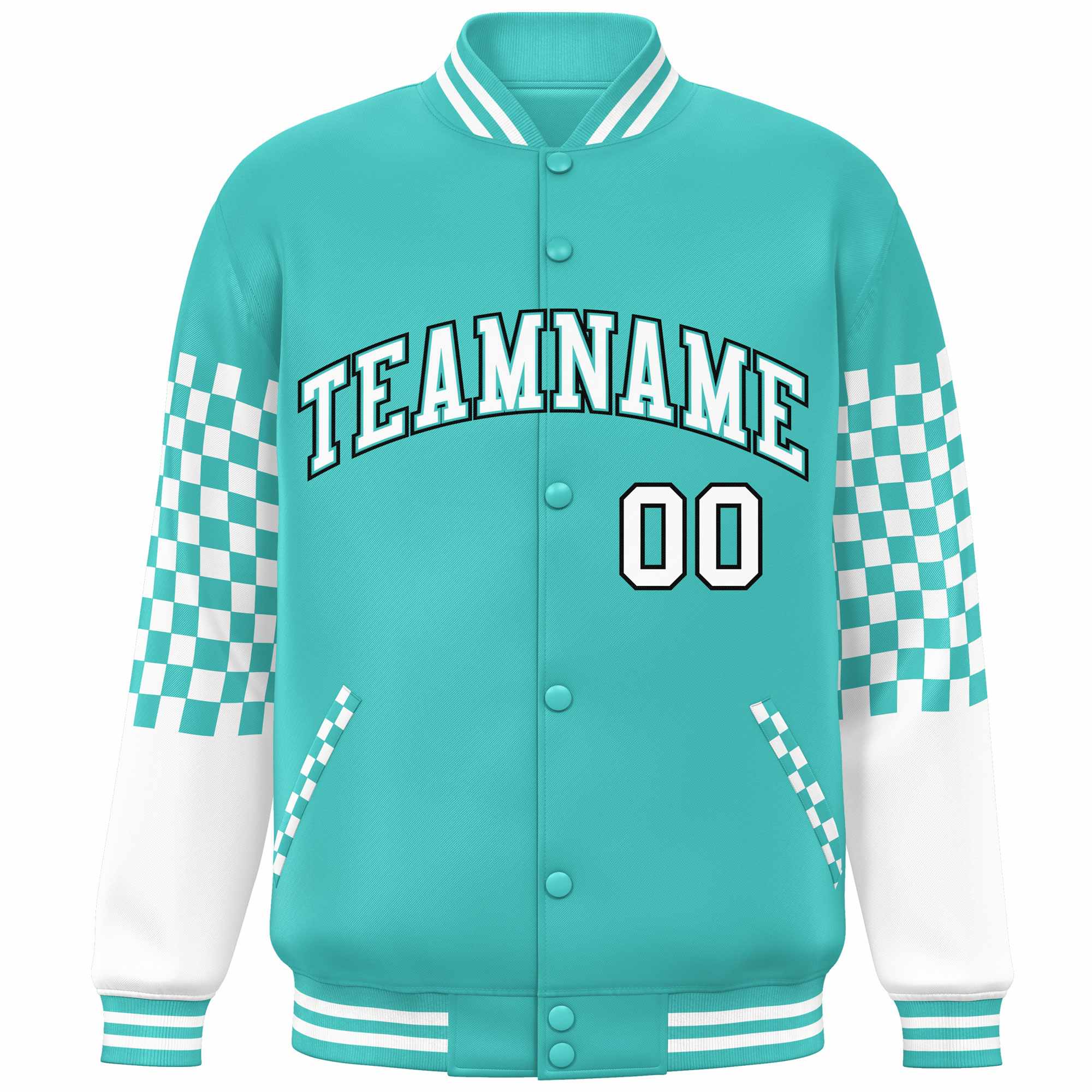 Custom Aqua White-Black Checkered Pattern Color Block Bomber Varsity Jacket