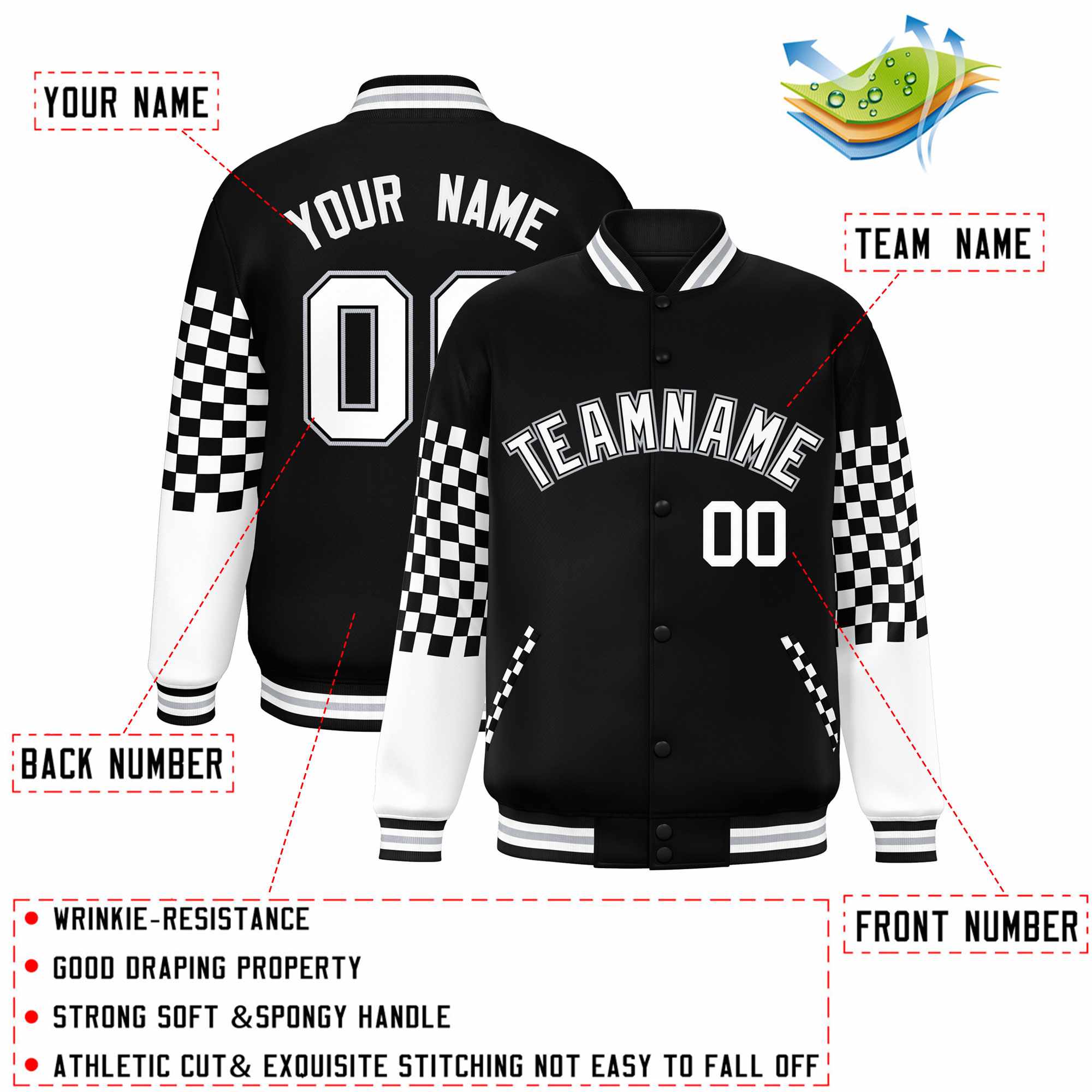 Custom Black White-Gray Checkered Pattern Color Block Bomber Varsity Jacket