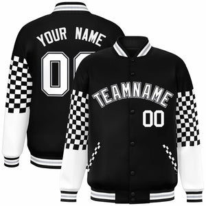 Custom Black White-Gray Checkered Pattern Color Block Bomber Varsity Jacket