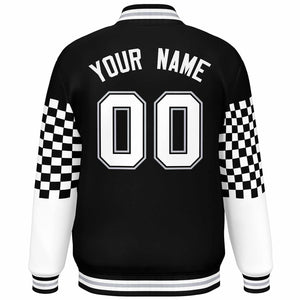 Custom Black White-Gray Checkered Pattern Color Block Bomber Varsity Jacket