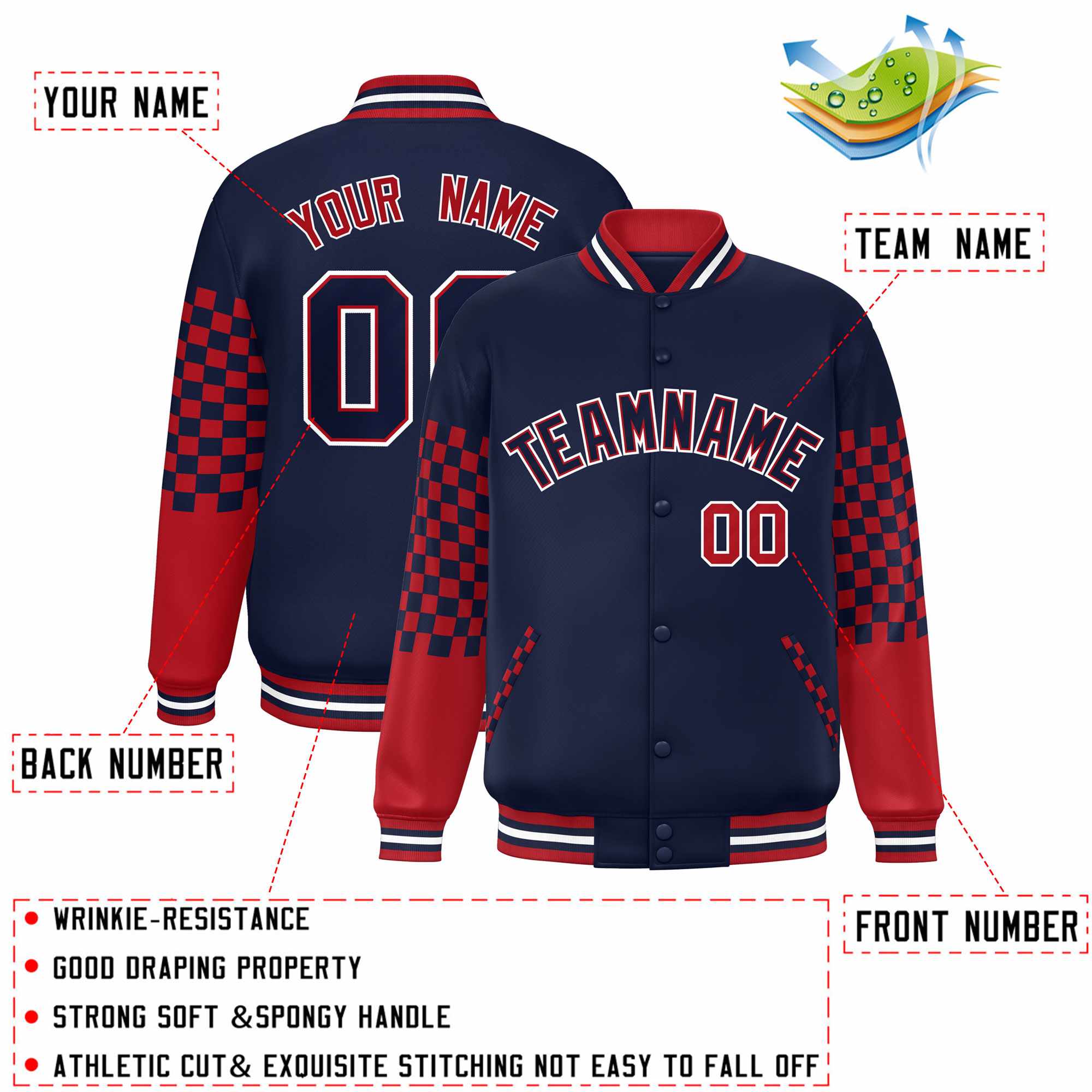 Custom Navy Red-White Checkered Pattern Color Block Bomber Varsity Jacket