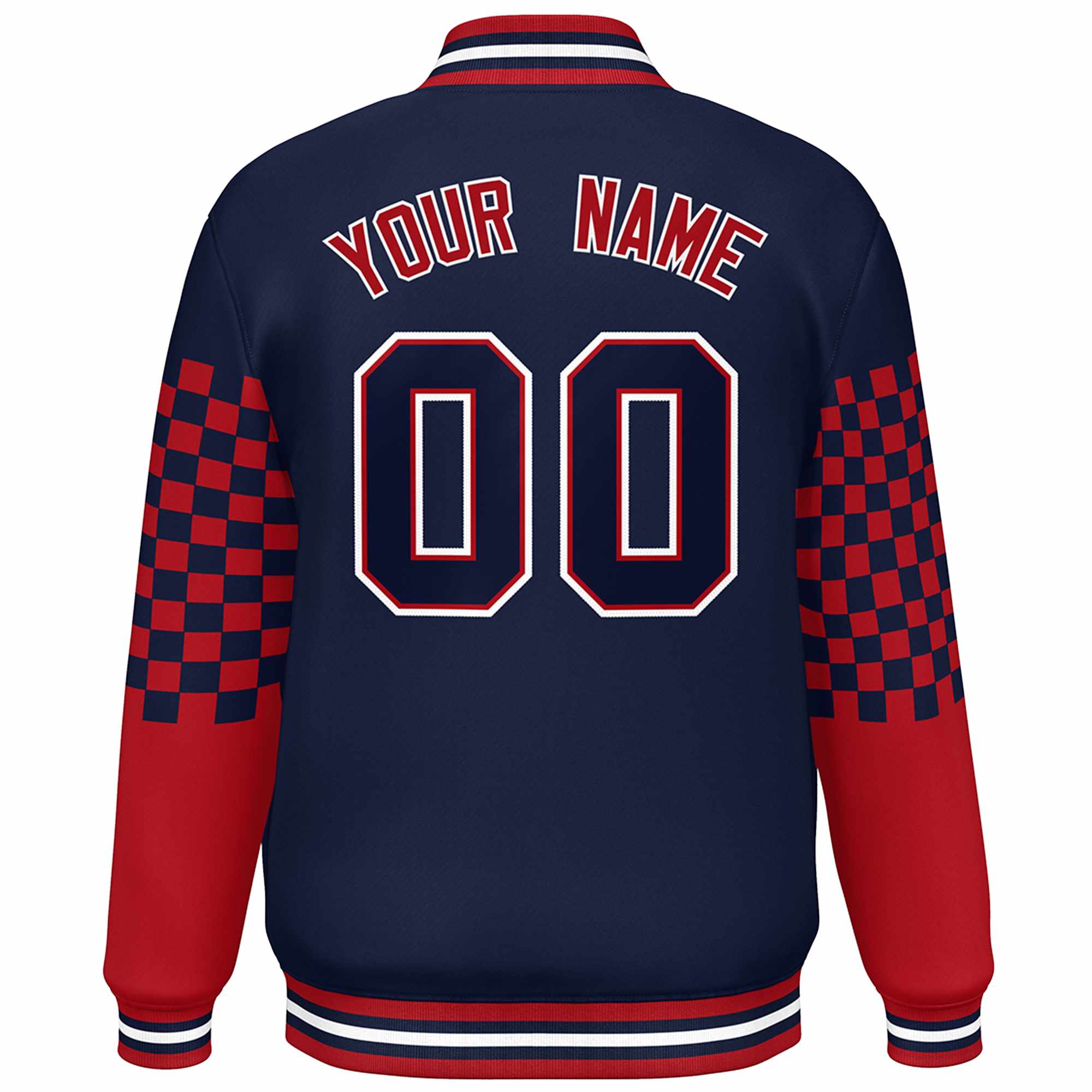 Custom Navy Red-White Checkered Pattern Color Block Bomber Varsity Jacket