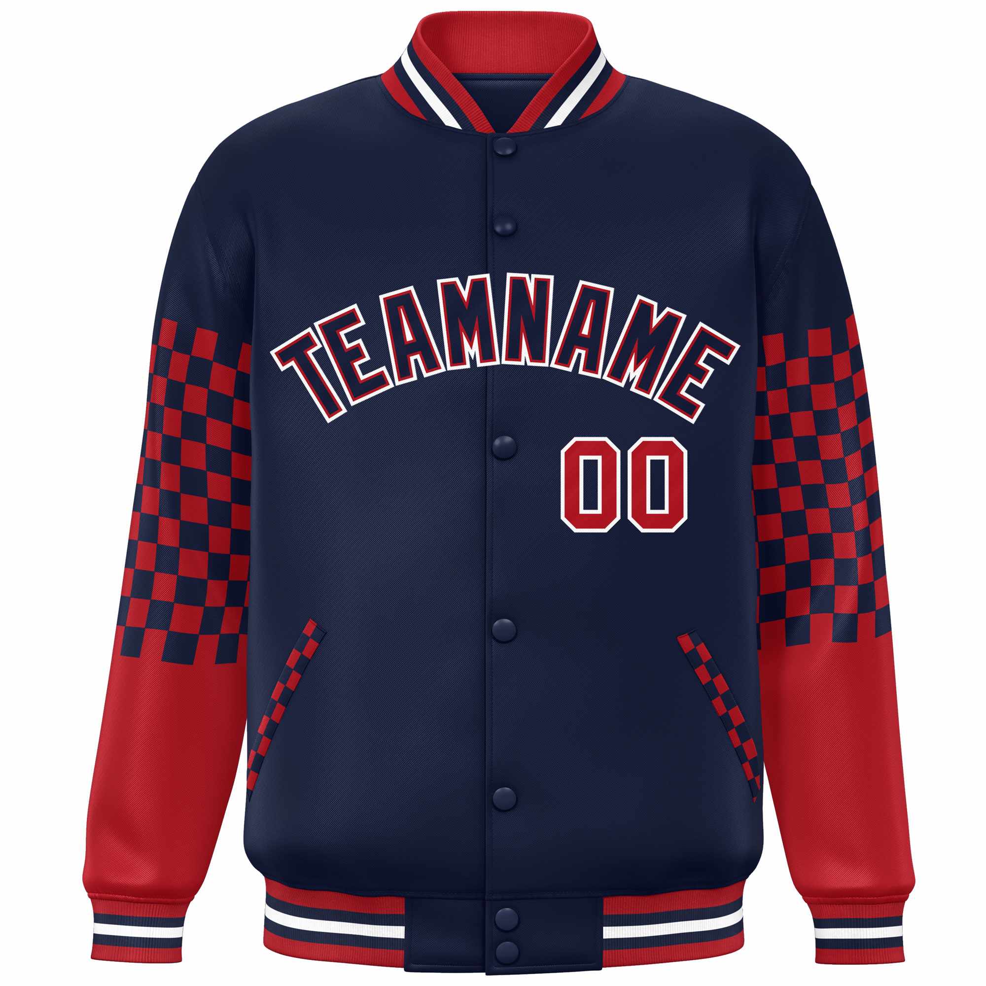 Custom Navy Red-White Checkered Pattern Color Block Bomber Varsity Jacket