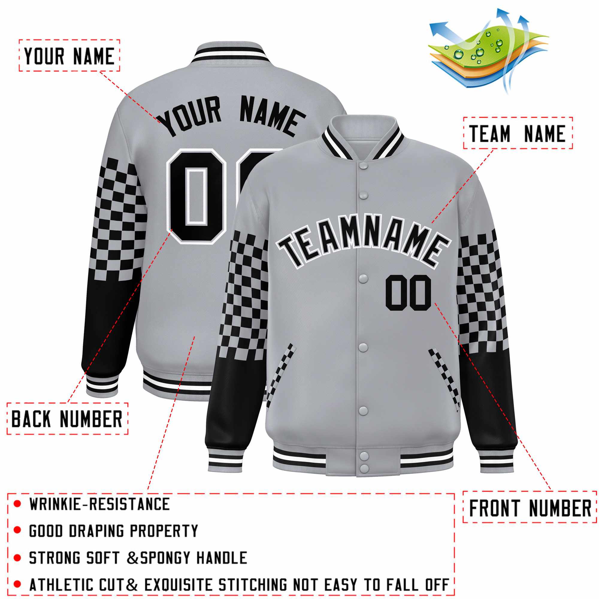 Custom Gray Black-White Checkered Pattern Color Block Bomber Varsity Jacket