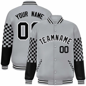 Custom Gray Black-White Checkered Pattern Color Block Bomber Varsity Jacket