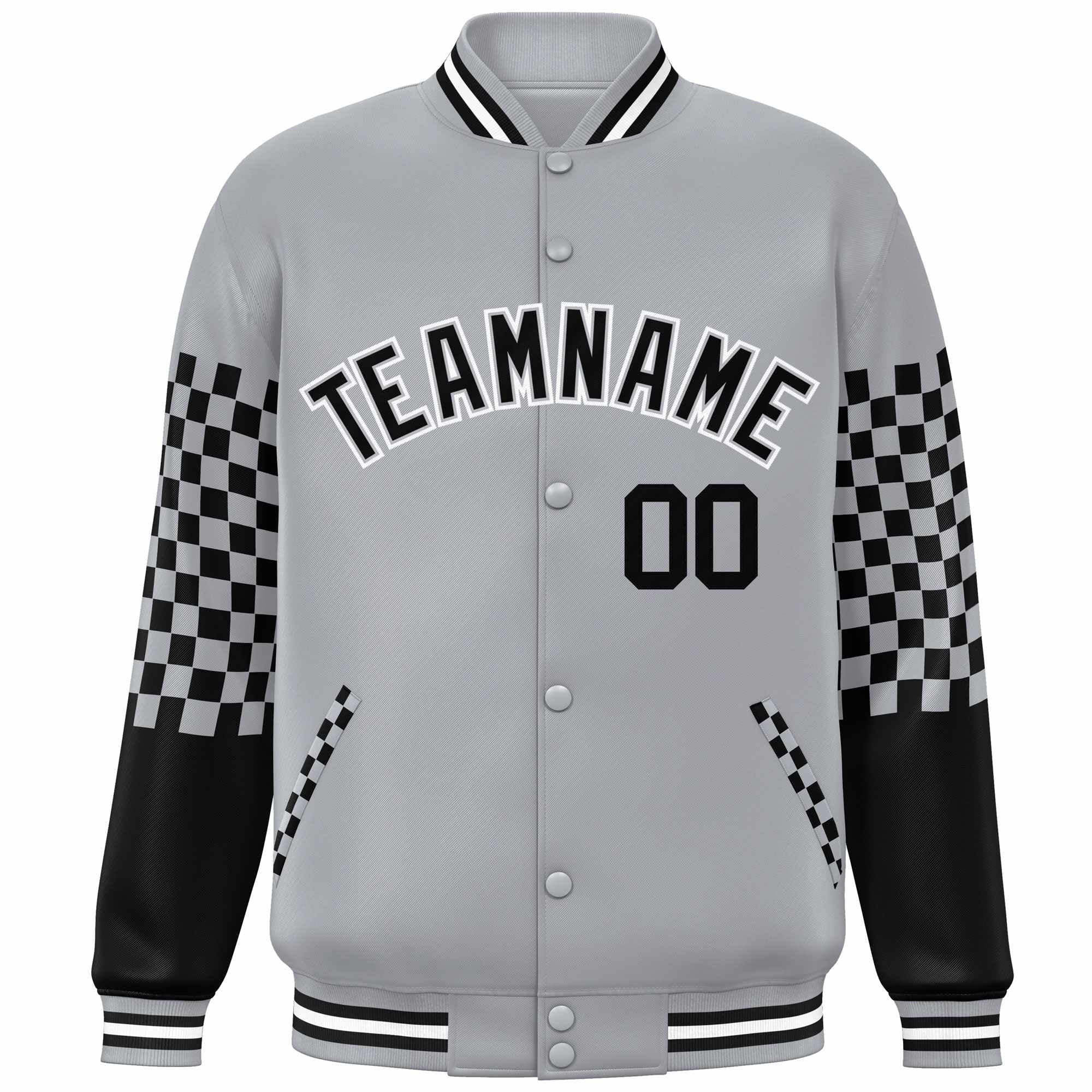 Custom Gray Black-White Checkered Pattern Color Block Bomber Varsity Jacket