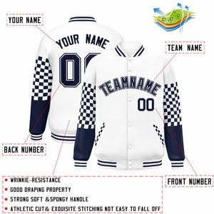 Custom White Navy Checkered Pattern Color Block Bomber Varsity Jacket