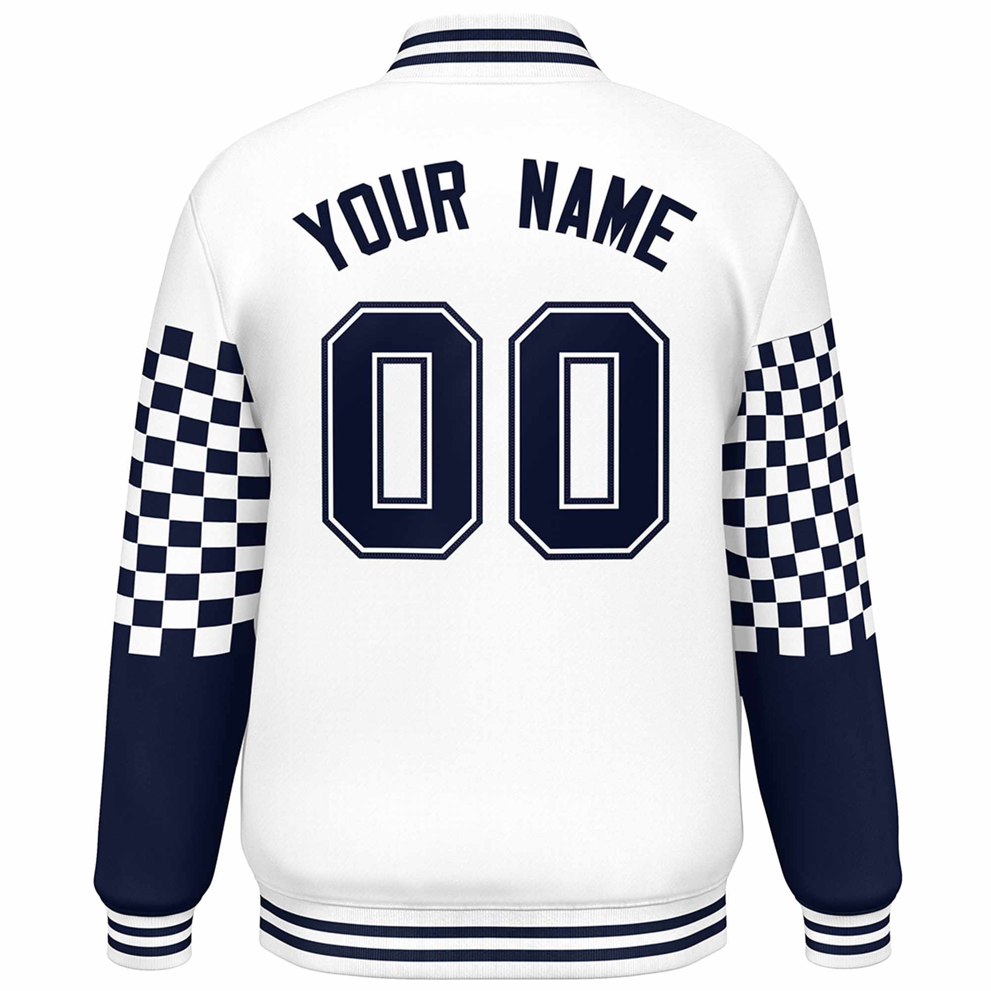 Custom White Navy Checkered Pattern Color Block Bomber Varsity Jacket