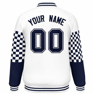 Custom White Navy Checkered Pattern Color Block Bomber Varsity Jacket