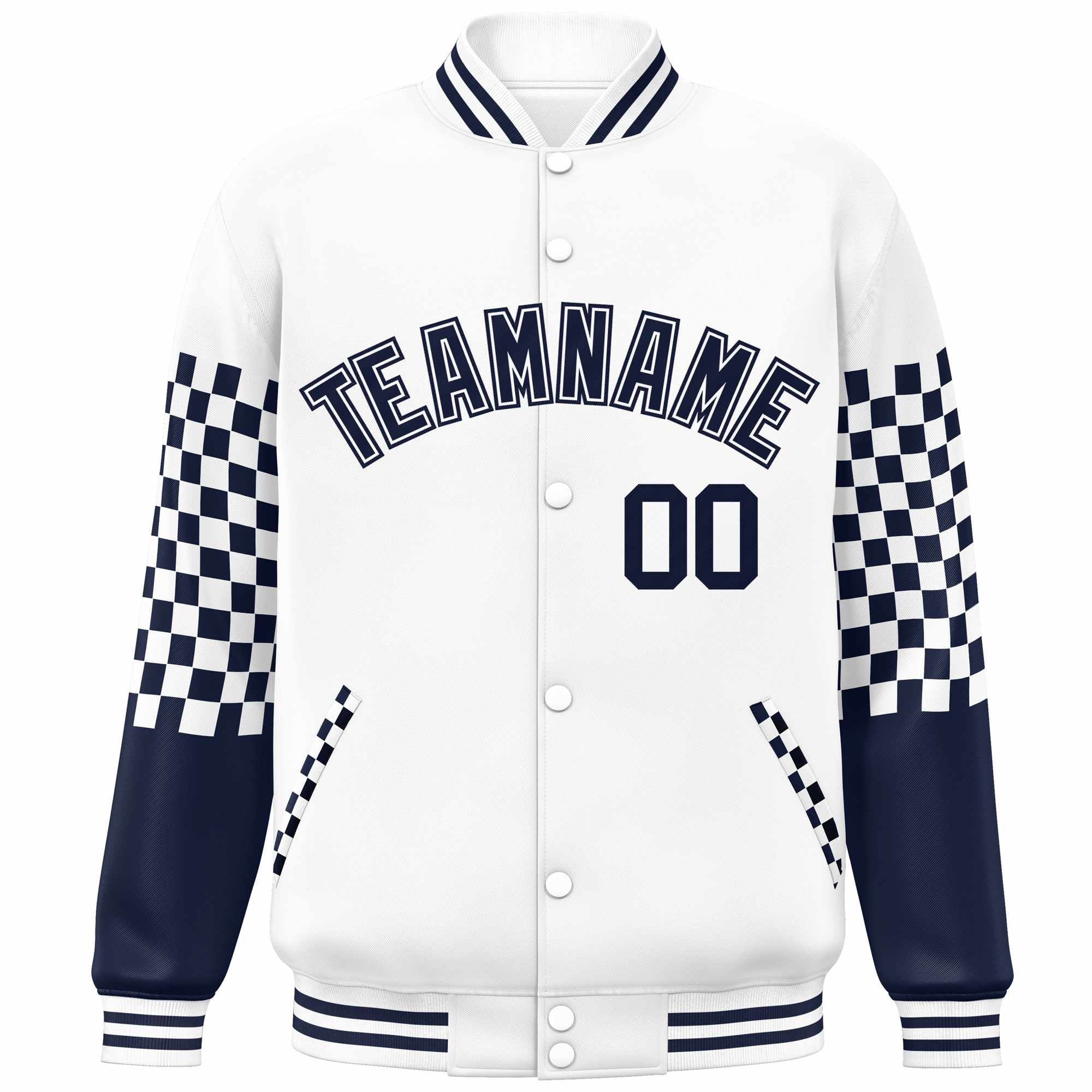 Custom White Navy Checkered Pattern Color Block Bomber Varsity Jacket