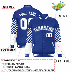 Custom Royal White Checkered Pattern Color Block Bomber Varsity Jacket