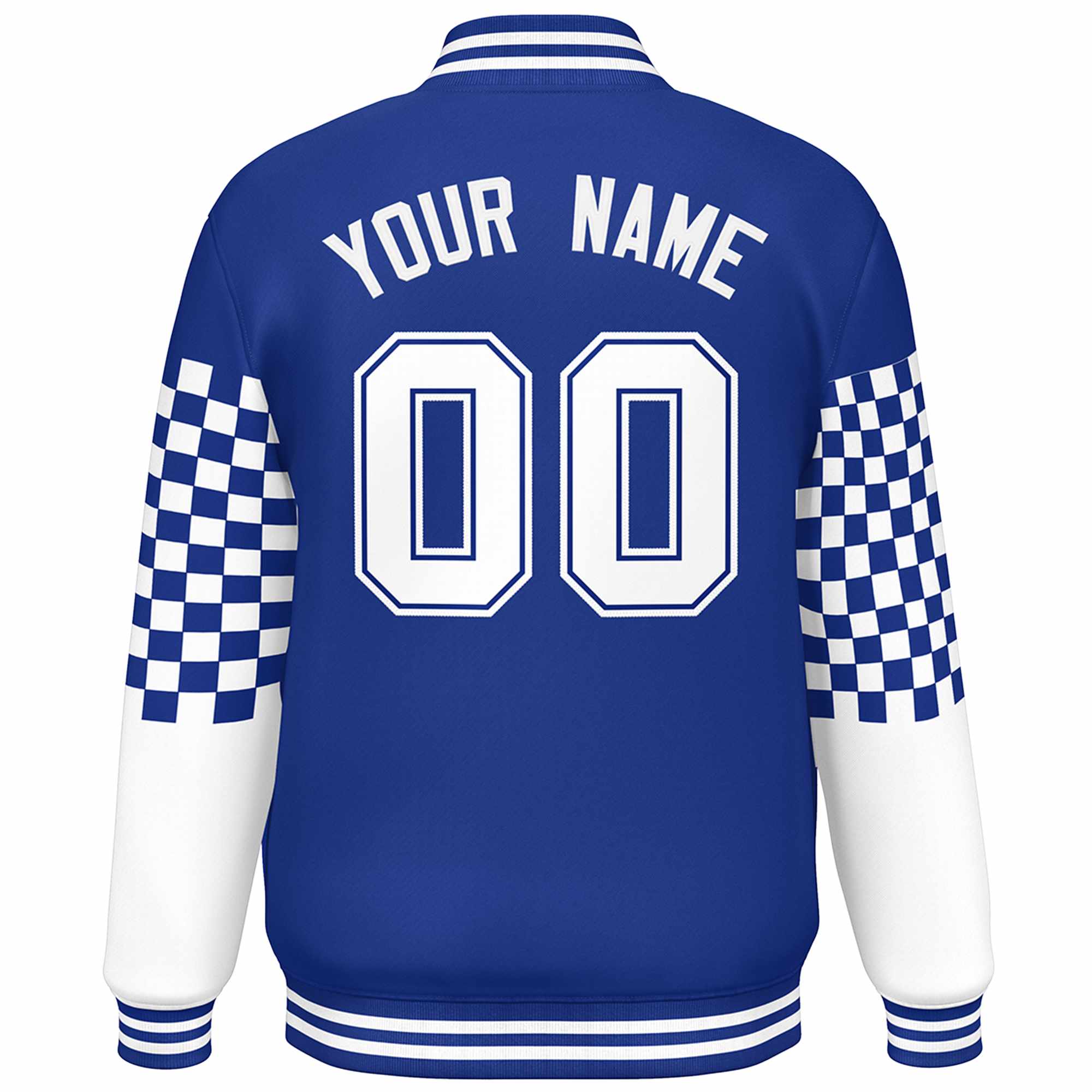 Custom Royal White Checkered Pattern Color Block Bomber Varsity Jacket