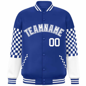 Custom Royal White Checkered Pattern Color Block Bomber Varsity Jacket