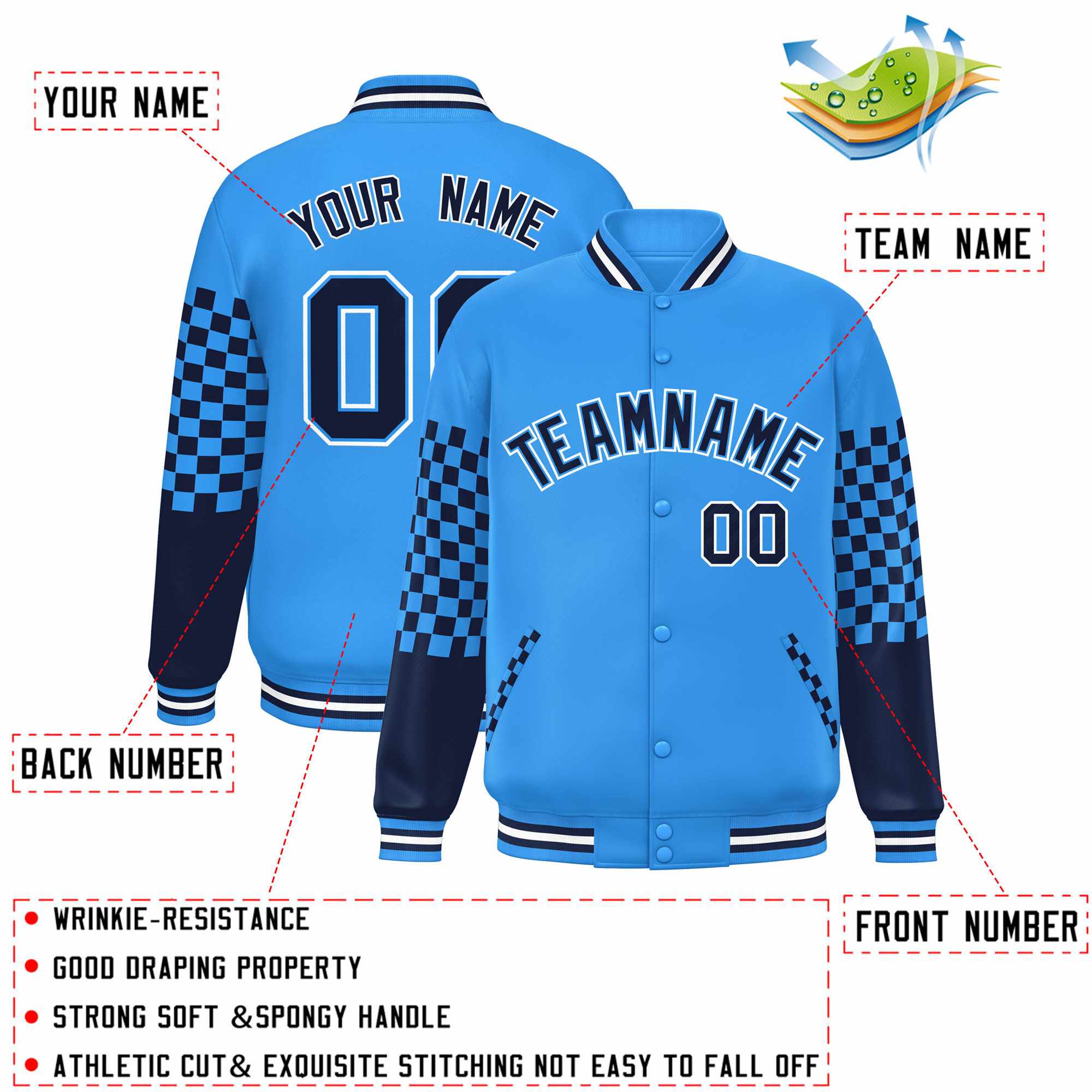 Custom Powder Blue Navy-White Checkered Pattern Color Block Bomber Varsity Jacket