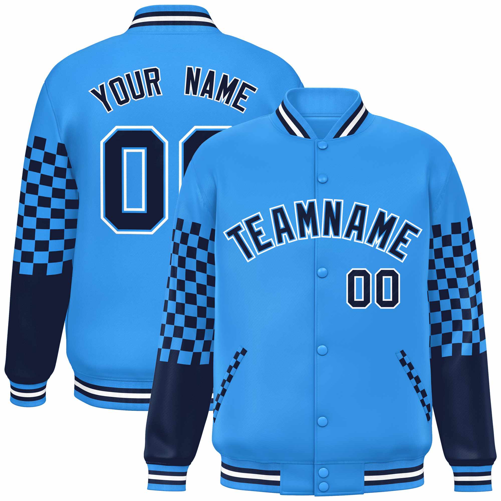 Custom Powder Blue Navy-White Checkered Pattern Color Block Bomber Varsity Jacket