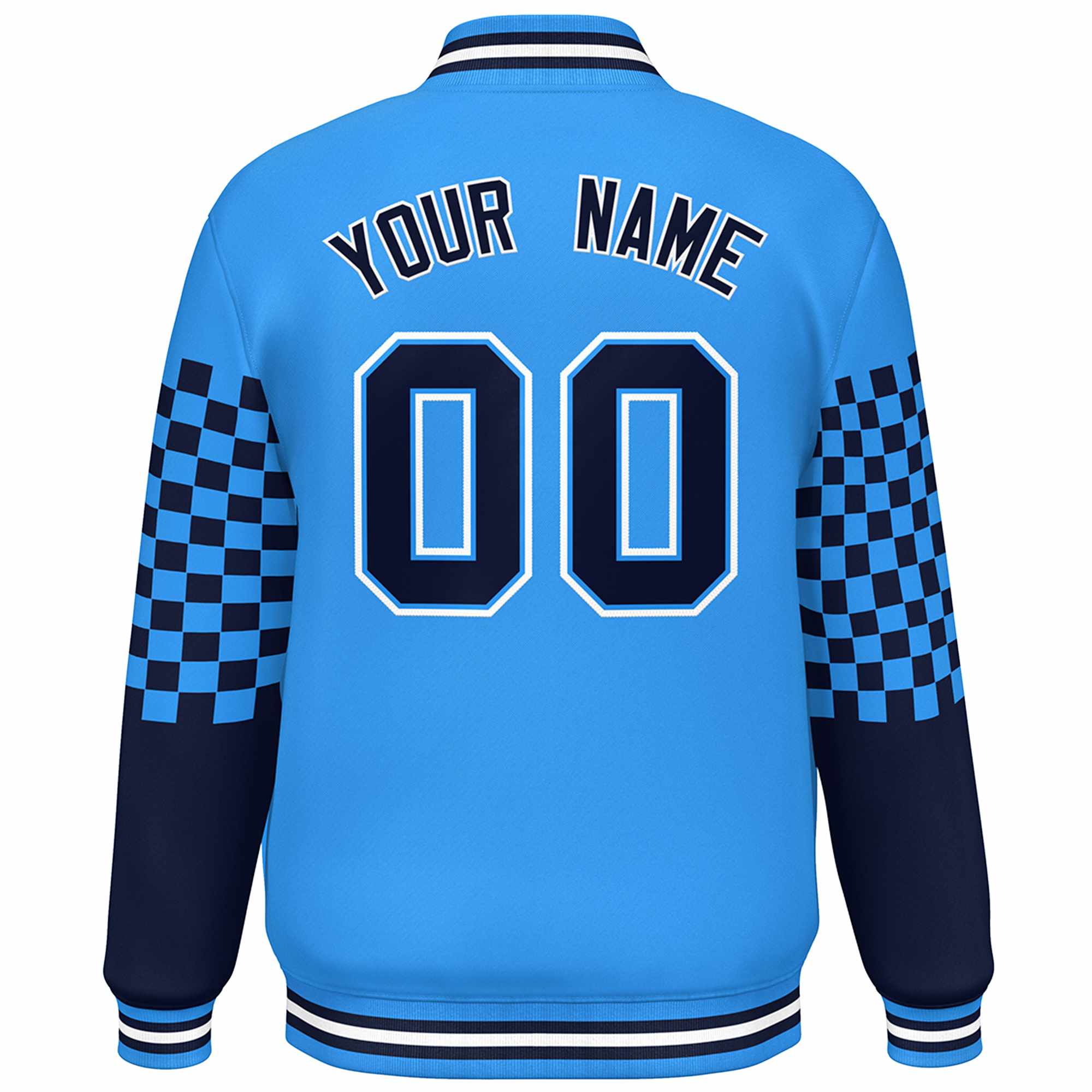 Custom Powder Blue Navy-White Checkered Pattern Color Block Bomber Varsity Jacket