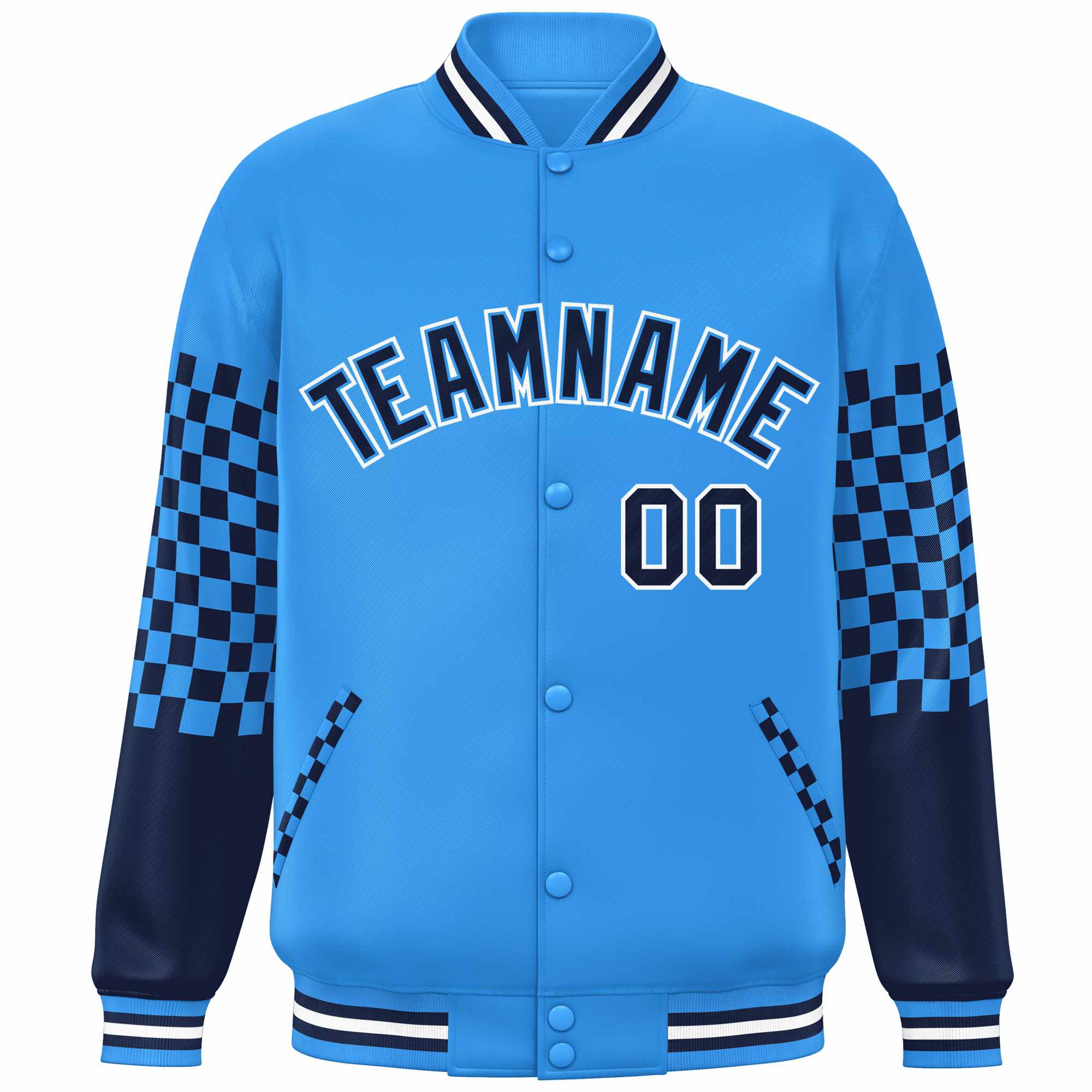 Custom Powder Blue Navy-White Checkered Pattern Color Block Bomber Varsity Jacket