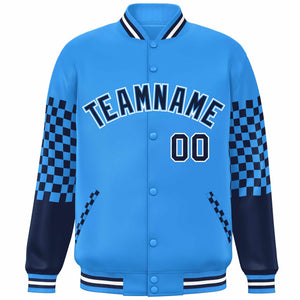 Custom Powder Blue Navy-White Checkered Pattern Color Block Bomber Varsity Jacket