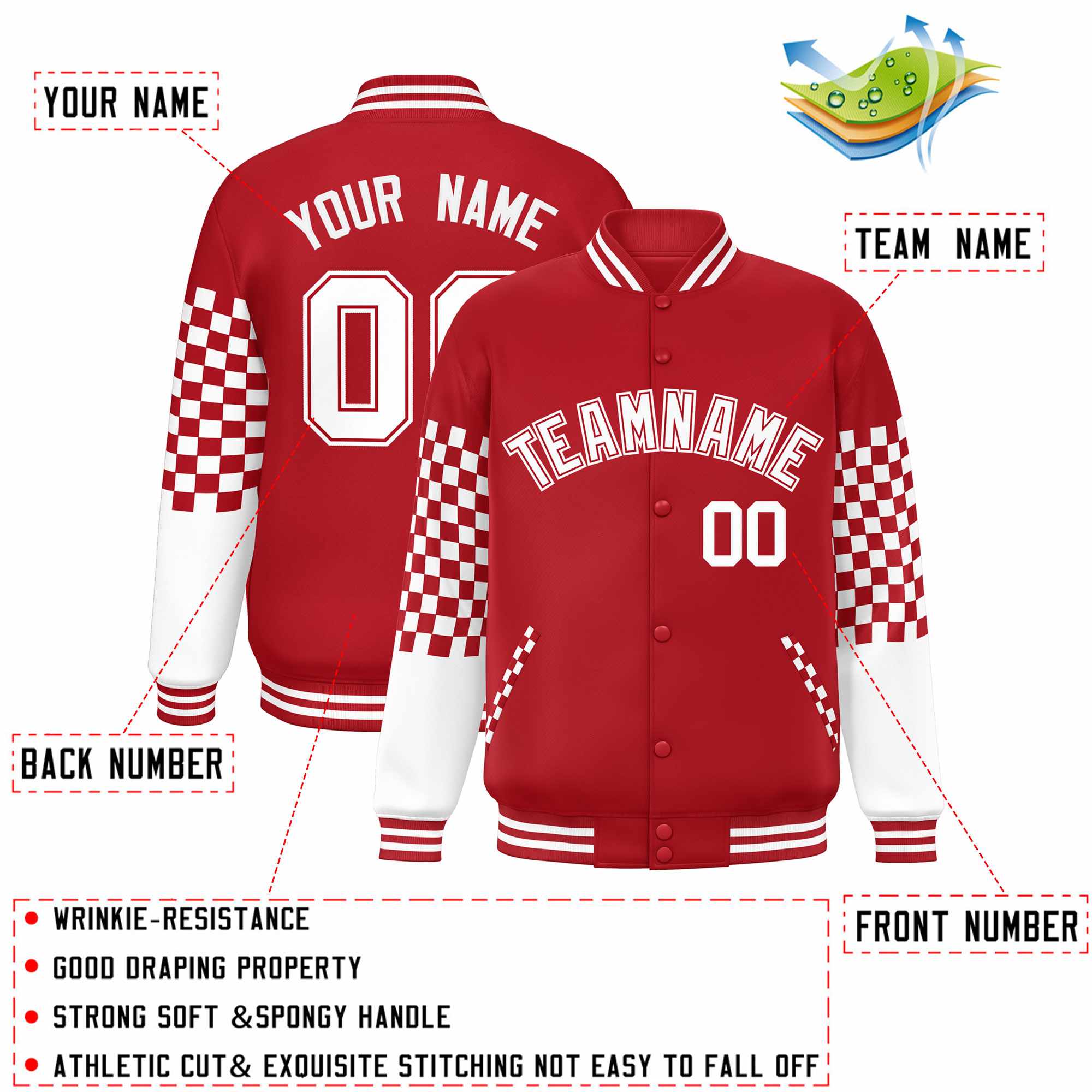 Custom Red White Checkered Pattern Color Block Bomber Varsity Jacket