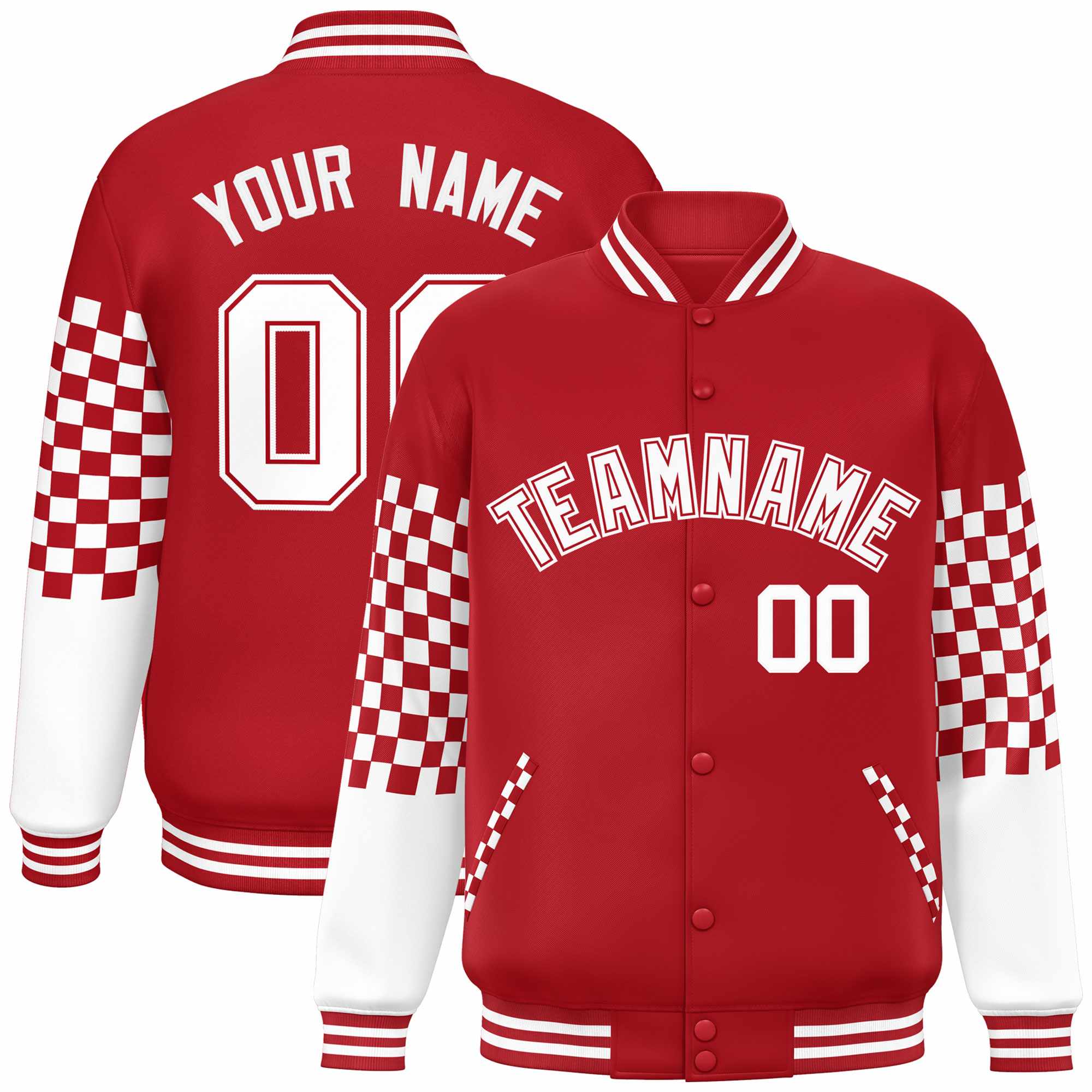 Custom Red White Checkered Pattern Color Block Bomber Varsity Jacket