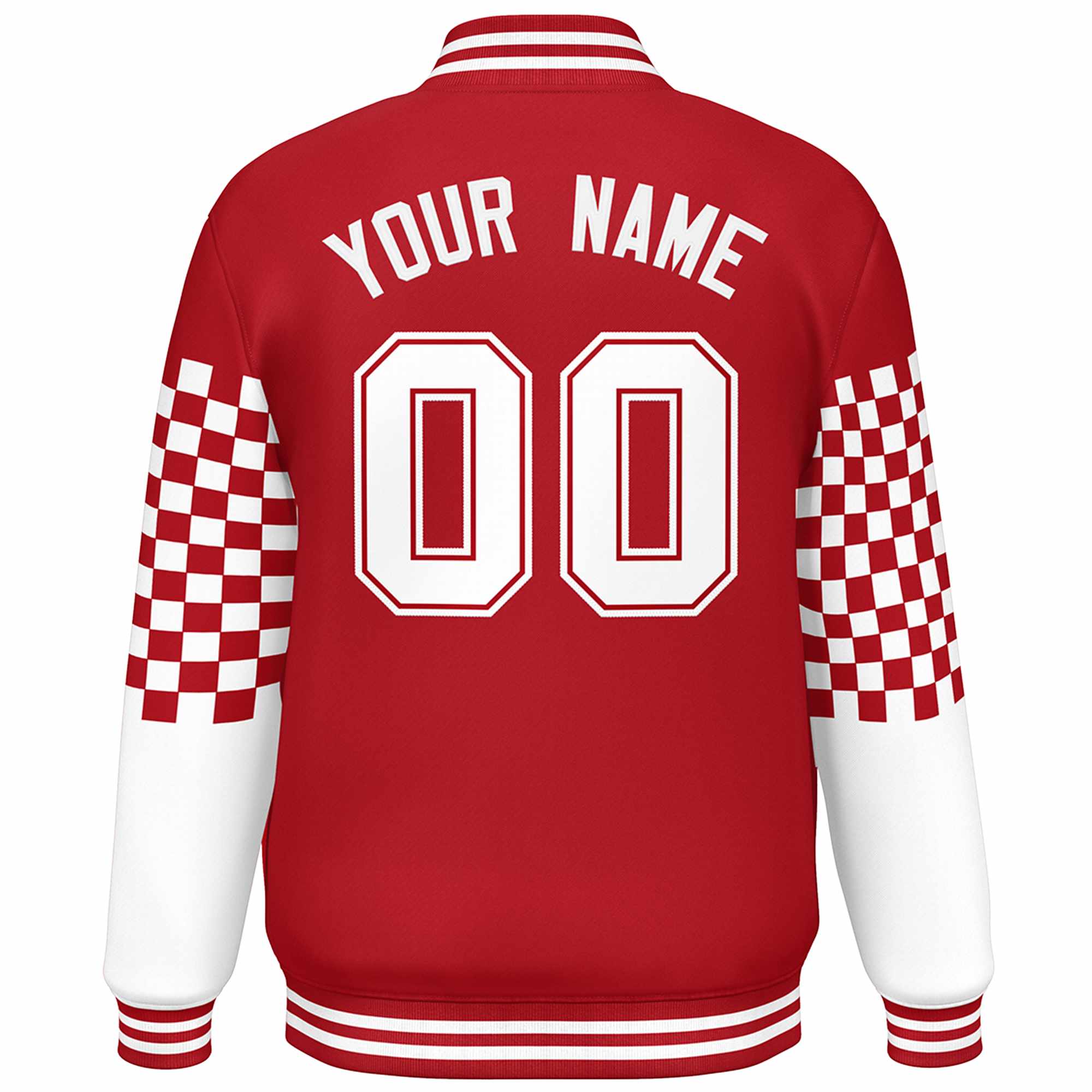 Custom Red White Checkered Pattern Color Block Bomber Varsity Jacket