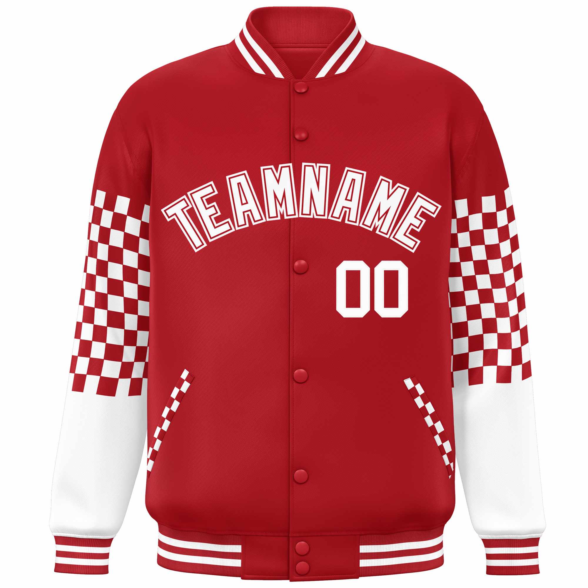 Custom Red White Checkered Pattern Color Block Bomber Varsity Jacket