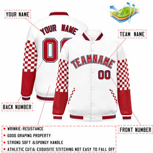 Custom White Red-Navy Checkered Pattern Color Block Bomber Varsity Jacket