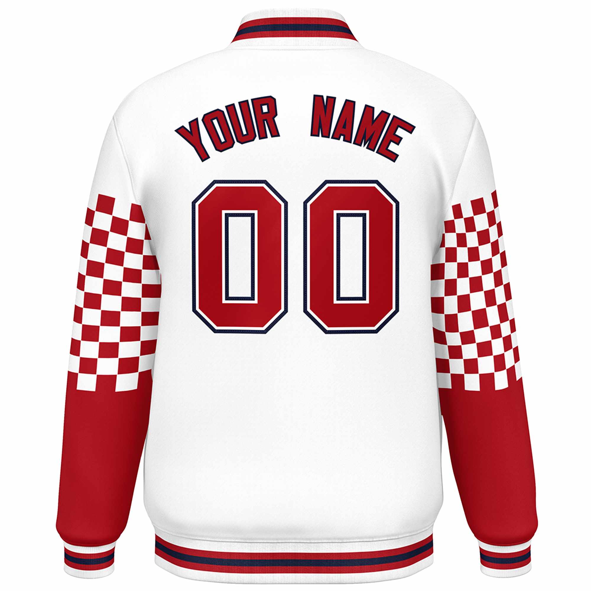 Custom White Red-Navy Checkered Pattern Color Block Bomber Varsity Jacket