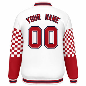 Custom White Red-Navy Checkered Pattern Color Block Bomber Varsity Jacket