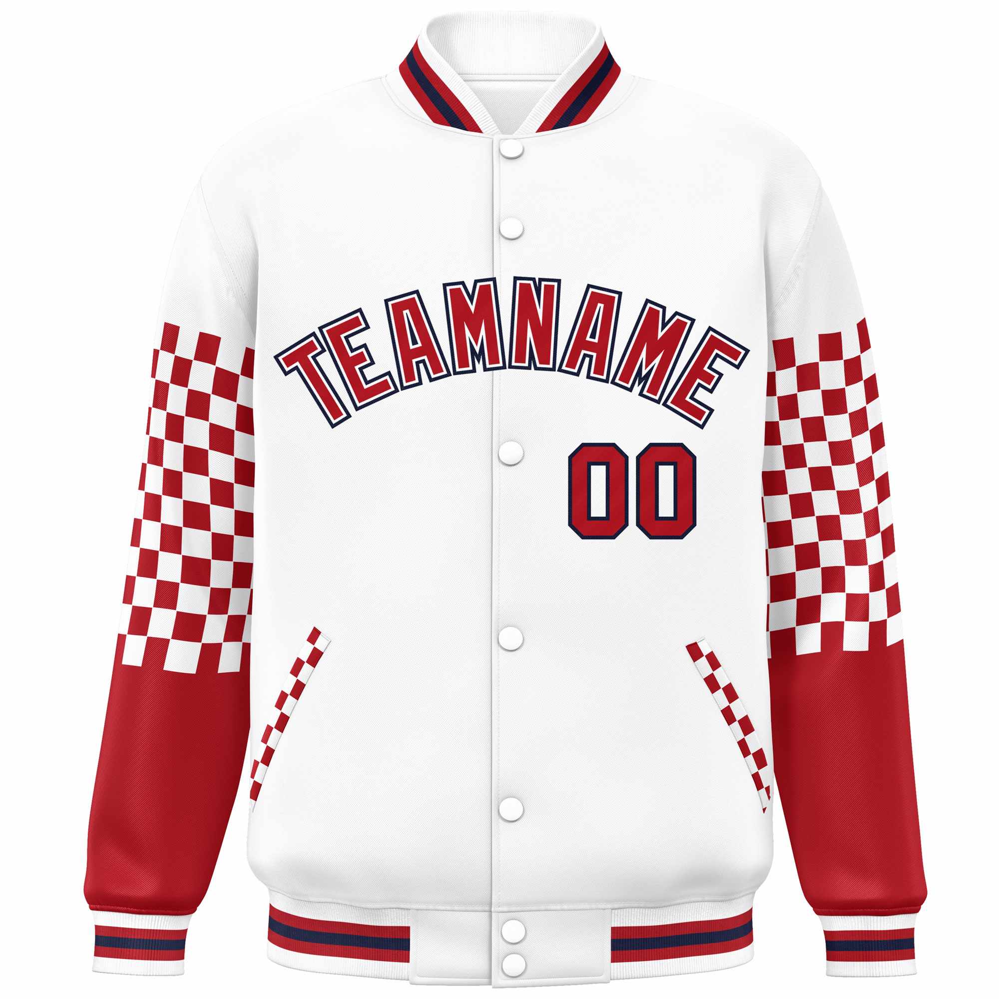 Custom White Red-Navy Checkered Pattern Color Block Bomber Varsity Jacket