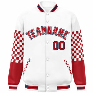 Custom White Red-Navy Checkered Pattern Color Block Bomber Varsity Jacket