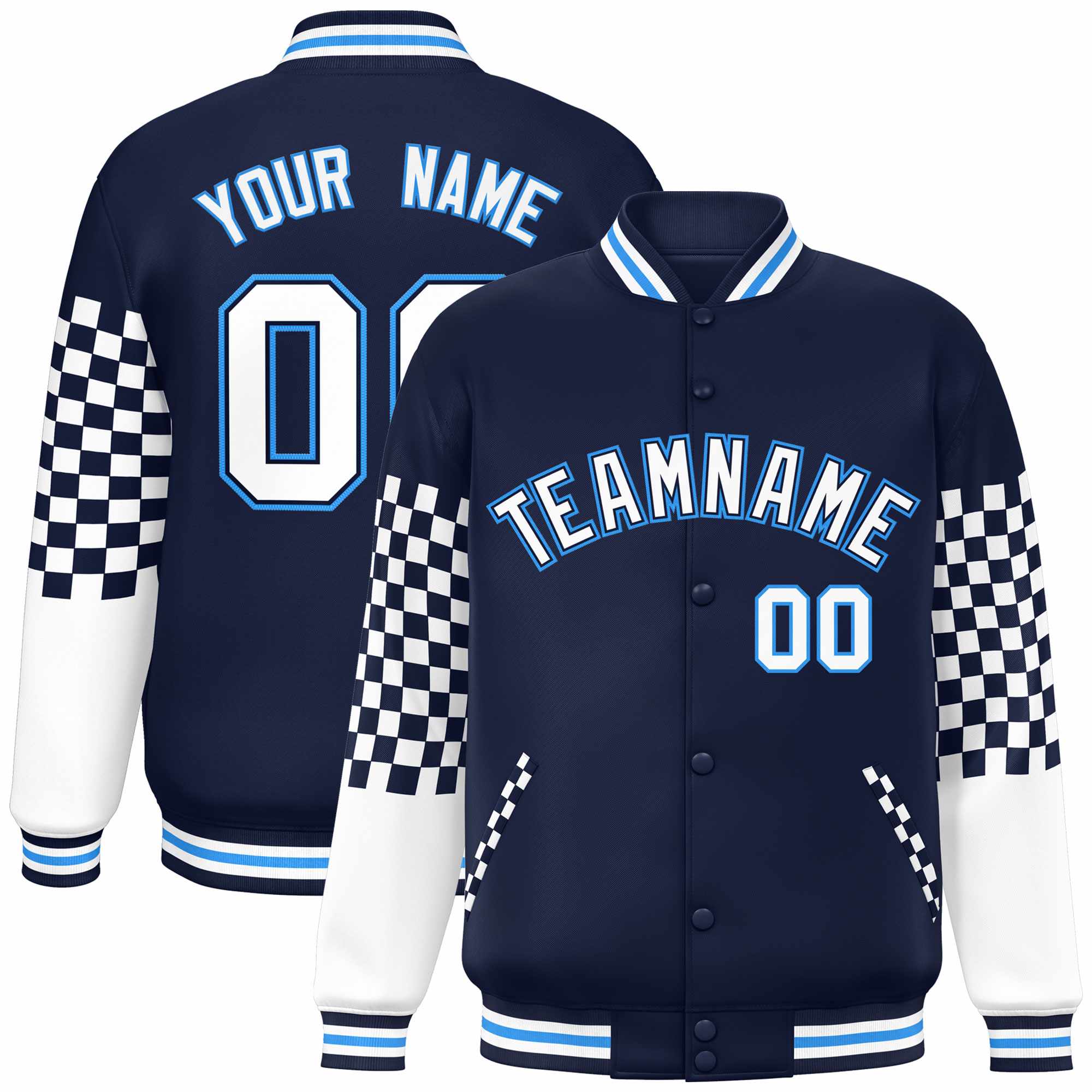 Custom Navy White-Powder Blue Checkered Pattern Color Block Bomber Varsity Jacket